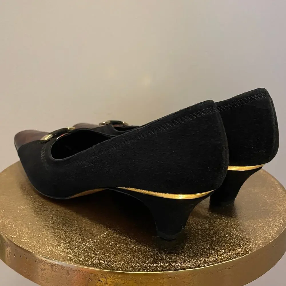 Lanconi Firenze 7.5B Kitten Heels | Black Suede, Tortoiseshell Toe, Rare Vintage